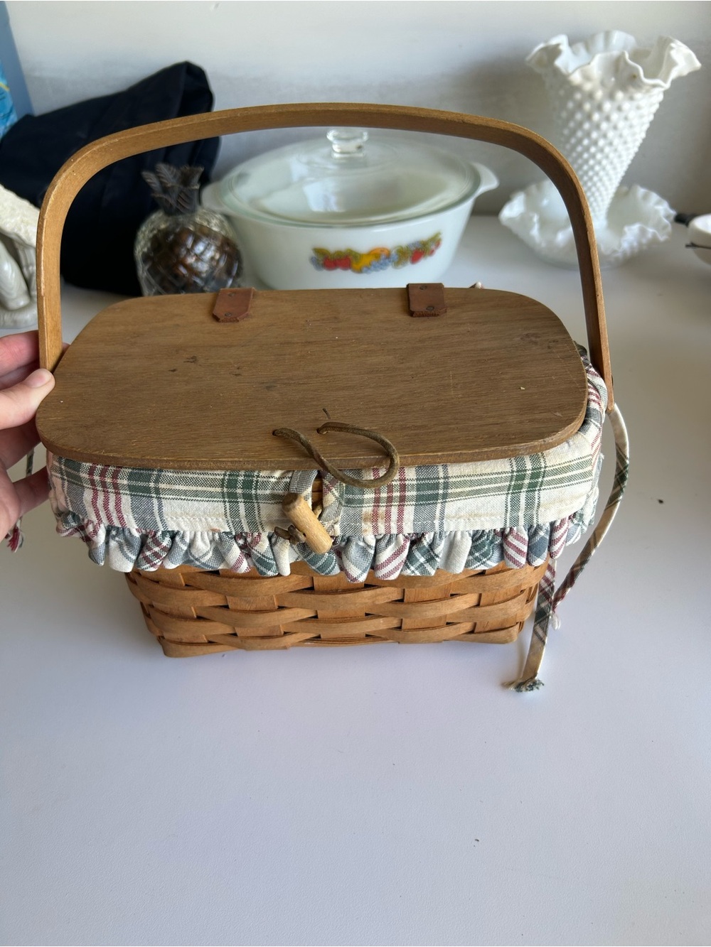 Longaberger Woven Basket Tote with Green and Cream Plaid Trim